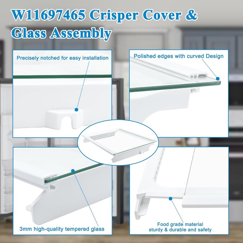 Garsoo W11368751, W11697465 Refrigerator Crisper Drawer Cover Assembly (Frame+Glass) Compatible with for whirlpool, maytag, ikea, replaces W10905531, W10904001 Shelf Frame and W11449890 Glass Shelf - Image 5